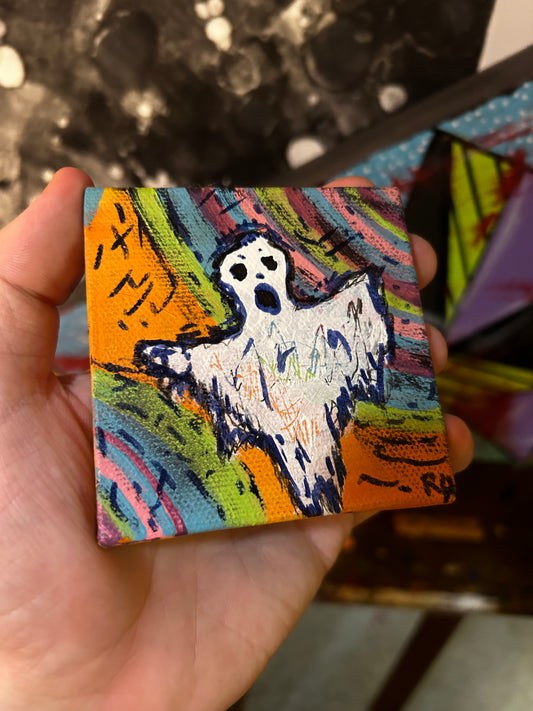 3x3in acrylic/canvas ~ “there’s a ghost in thahr”