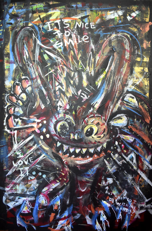 24in x 36in. acrylic/canvas ~ "What Do I Do With My Hands, Bunny"