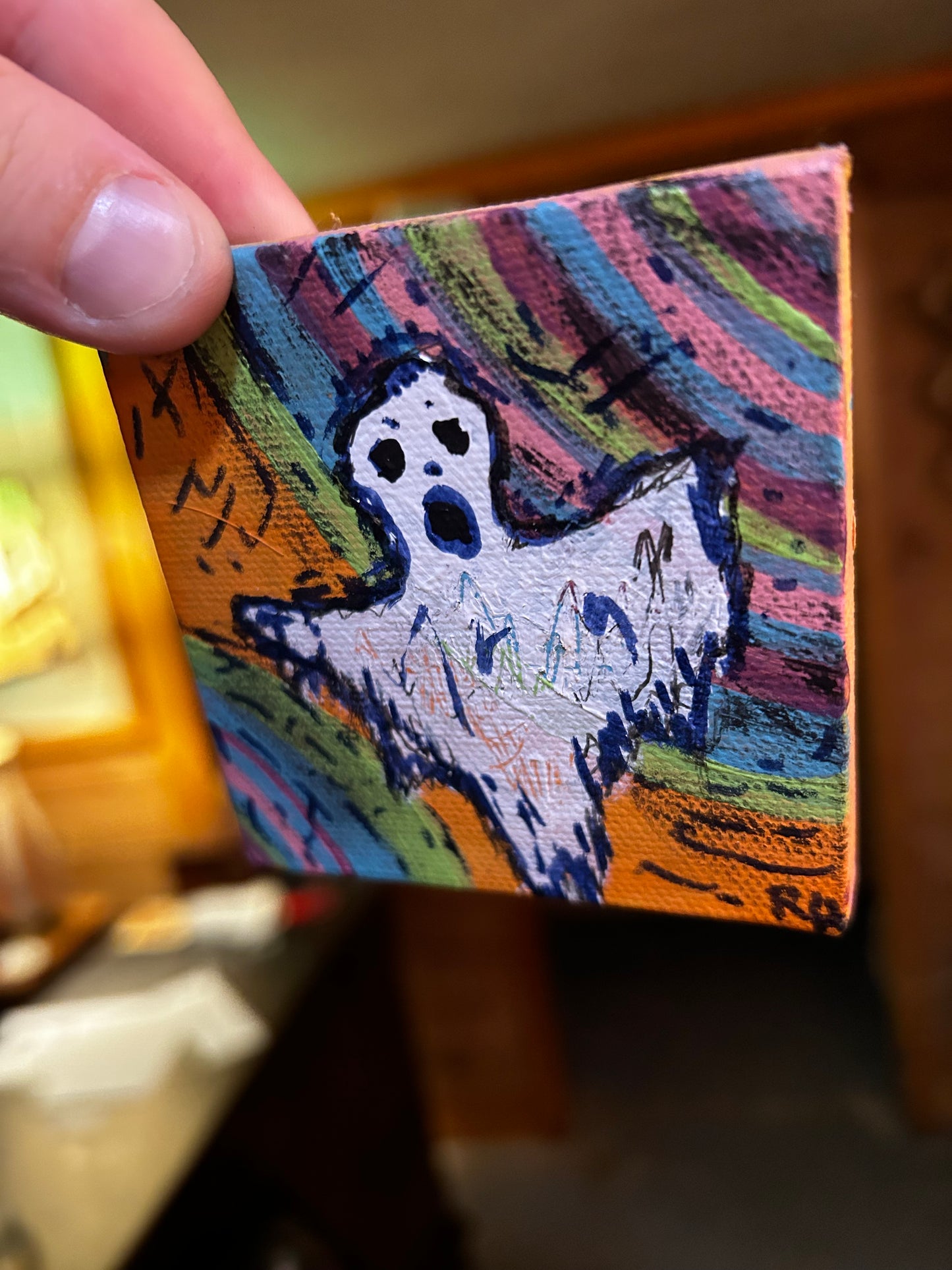 3x3in acrylic/canvas ~ “there’s a ghost in thahr”